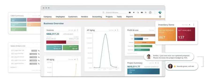 Striven business management dashboard showing Business Overview with Invoices, AP Aging, Profit and Loss charts, CRM Summary with leads and contacts, and a Sales Orders list
