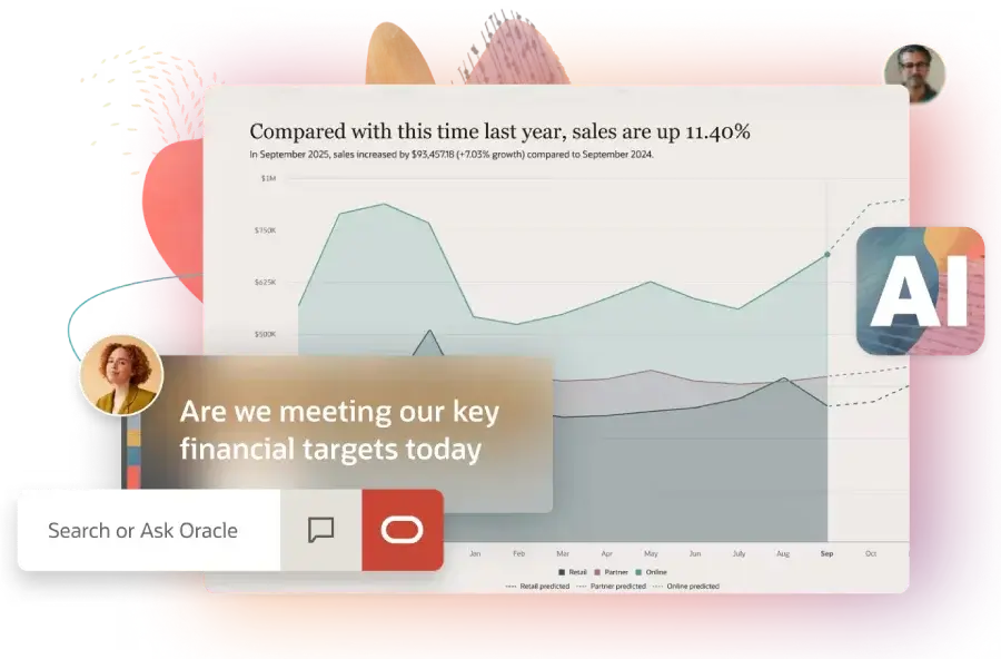 NetSuite ERP dashboard displaying financial KPIs, a multi-channel sales trend chart comparing Retail, Partner, and Online performance, and an AI-powered Ask Oracle search interface