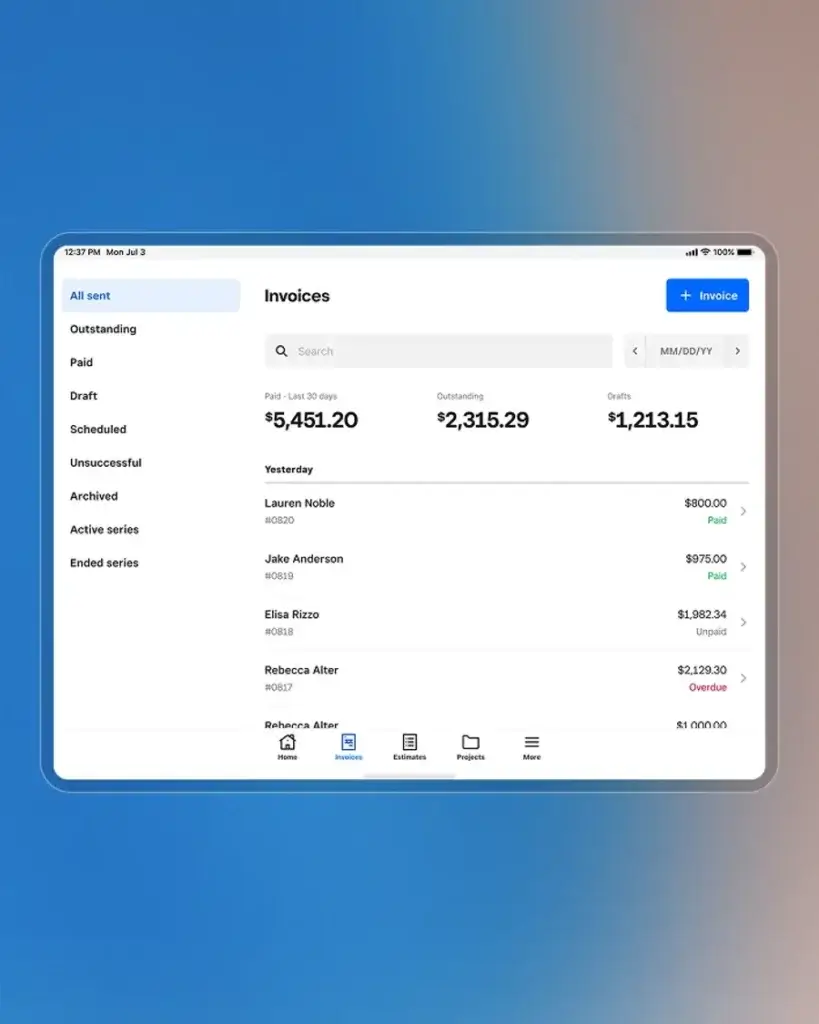 Square Invoicing mobile app showing the invoices dashboard with Paid, Outstanding, and Draft totals, plus a list of recent client invoices with payment statuses