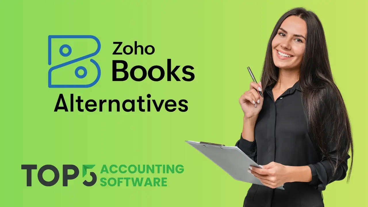 Article thumbnail for Top 5 Accounting Software featuring the blue Zoho Books logo and text reading 'Zoho Books Alternatives' on a green background, with a smiling woman holding a clipboard and pen.