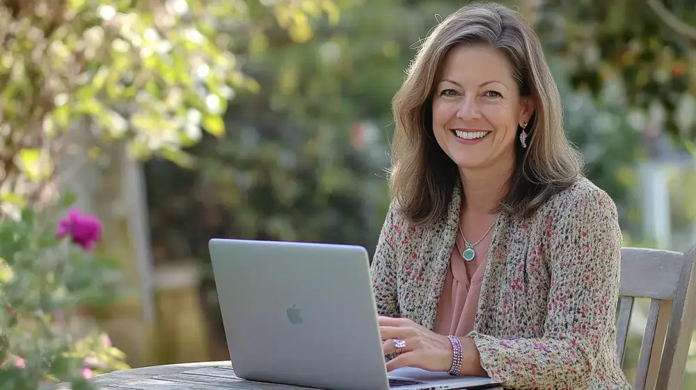 middle aged woman smiling in garden with accounting software